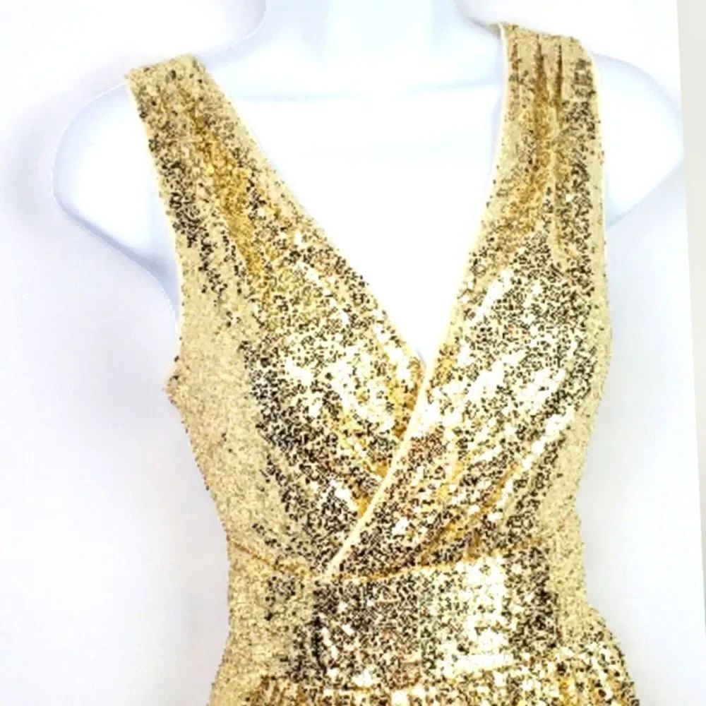 KATE KASIN Gold Sequin Sleeveless Dress